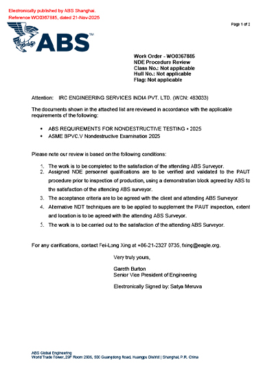 IRC Engineering Services accreditation certificate