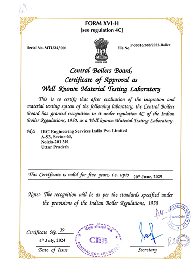 IRC Engineering Services accreditation certificate