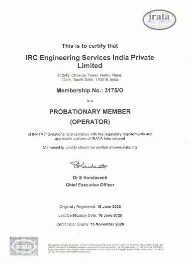 IRC Engineering Services accreditation certificate
